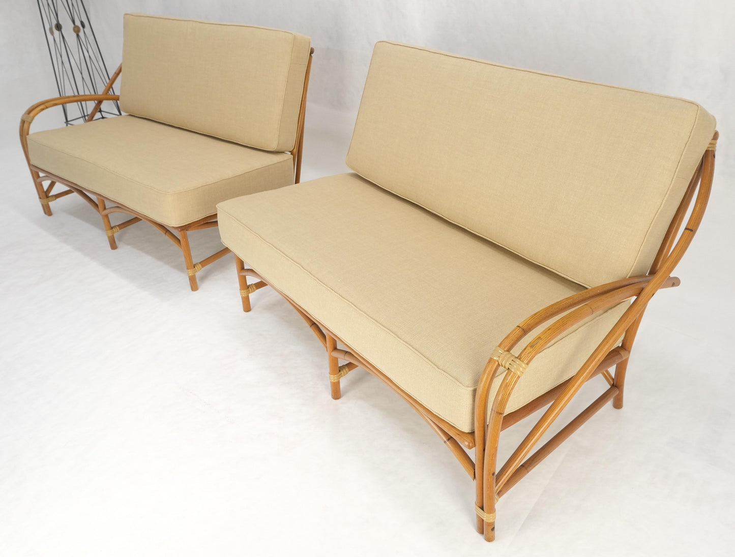 New Gold Linen Upholstery Bamboo 2 Part Sectional Sofa c1970s MINT!