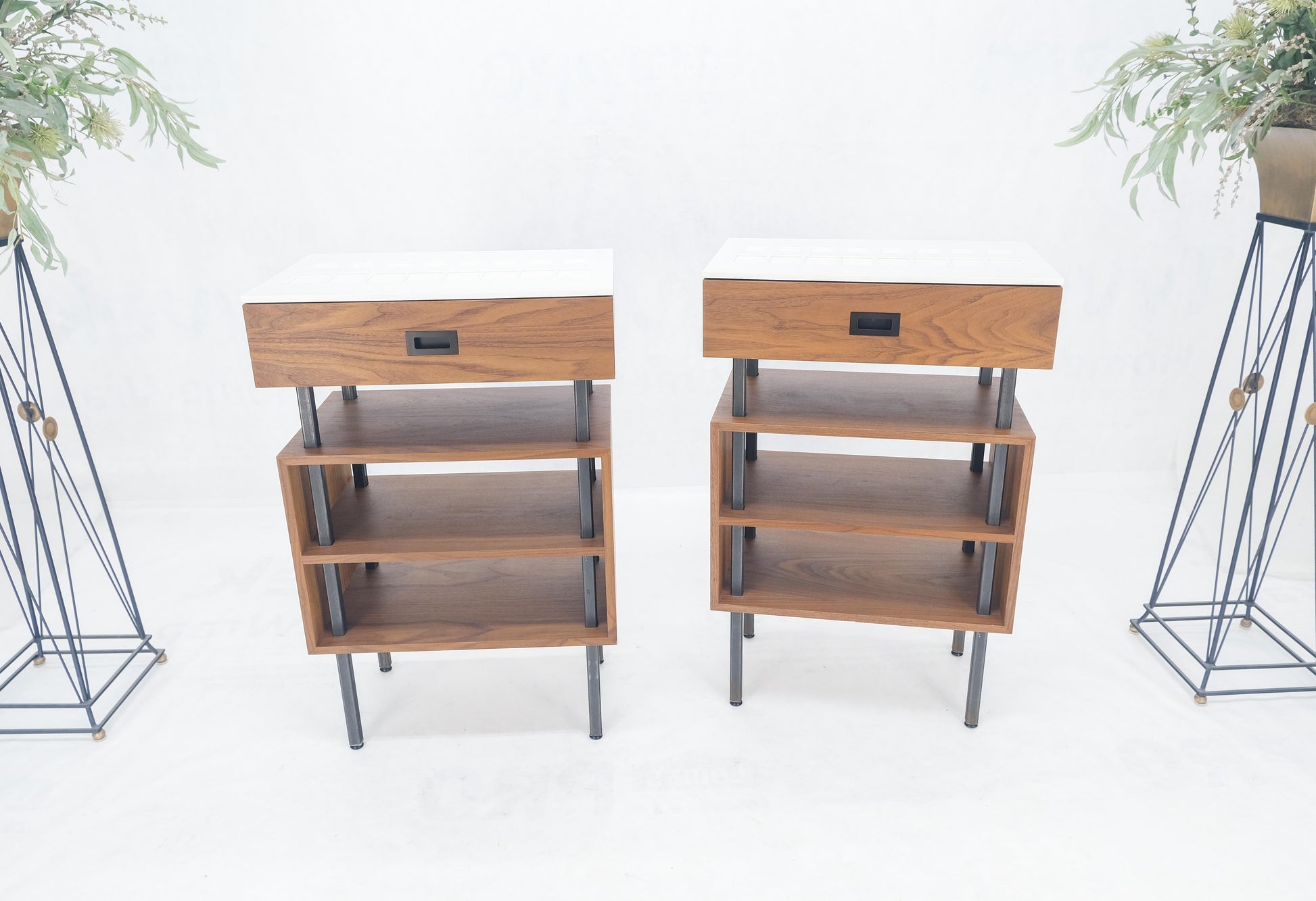 Pair of Oiled Walnut 1 Drawer 3 Tier Side End Tables Stands Composite Top Mint!