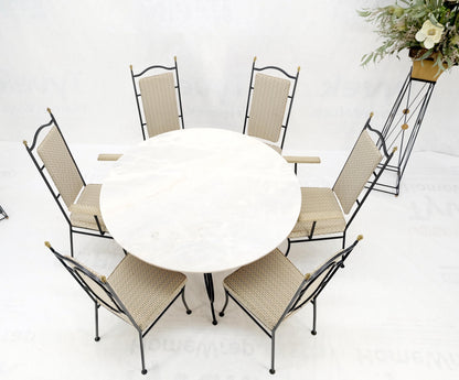 Wrough Iron Round White Marble Top Dining Table 6 Chairs w/ Brass Finials Set