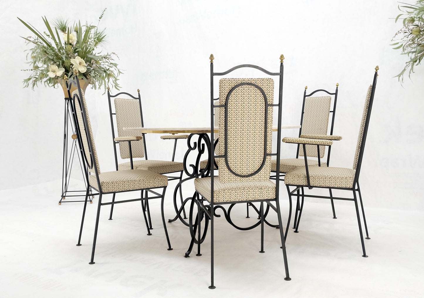 Wrough Iron Round White Marble Top Dining Table 6 Chairs w/ Brass Finials Set