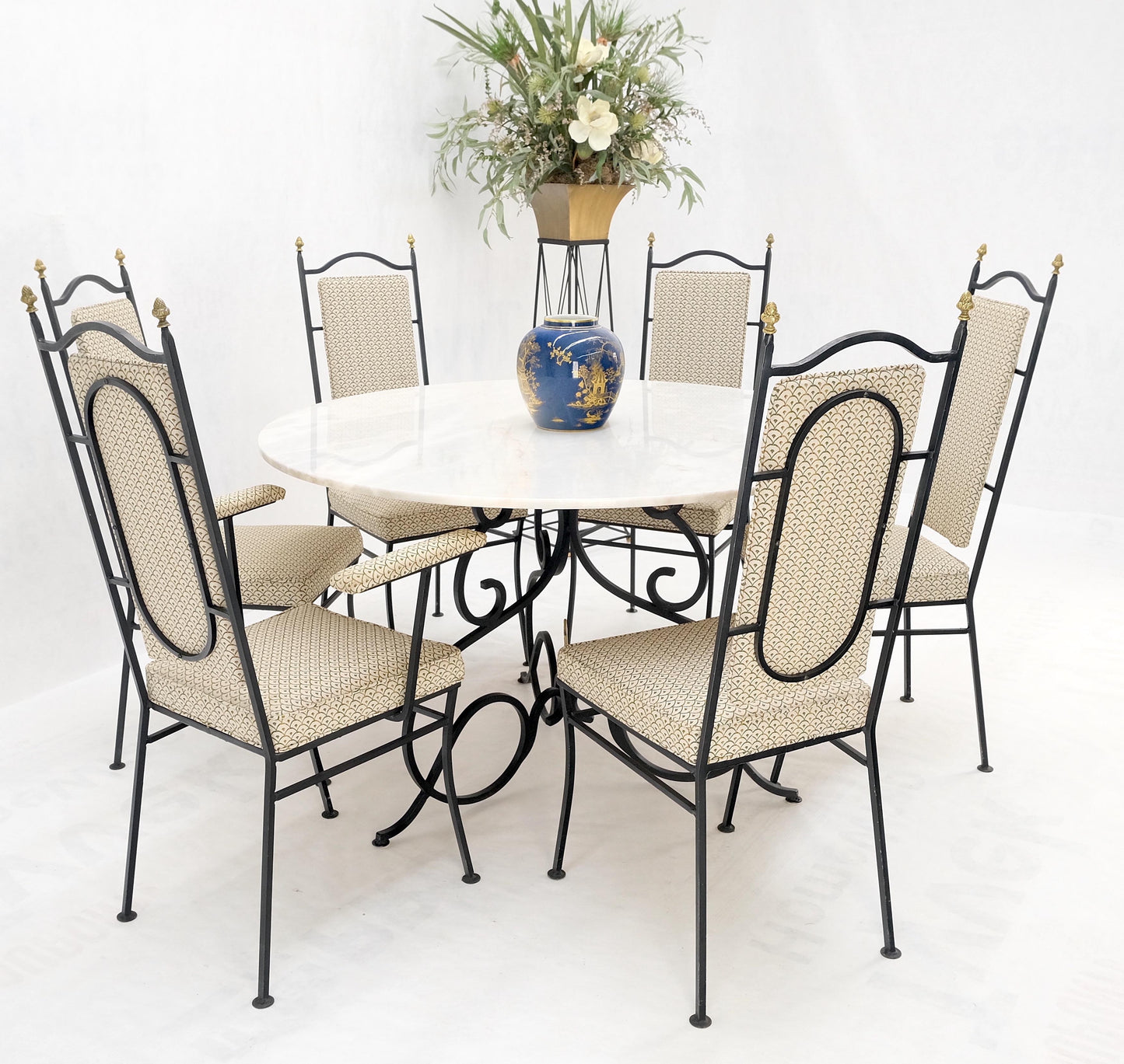 Wrough Iron Round White Marble Top Dining Table 6 Chairs w/ Brass Finials Set