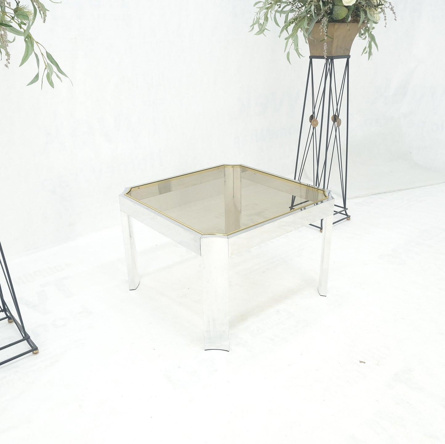 Polished Aluminum Profile Brass Basel Smoked Glass Top Square Coffee Table MINT!