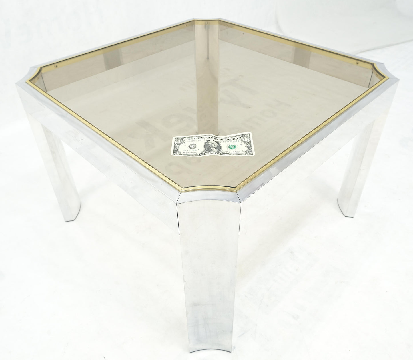 Polished Aluminum Profile Brass Basel Smoked Glass Top Square Coffee Table MINT!