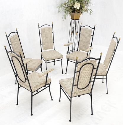 Wrough Iron Round White Marble Top Dining Table 6 Chairs w/ Brass Finials Set