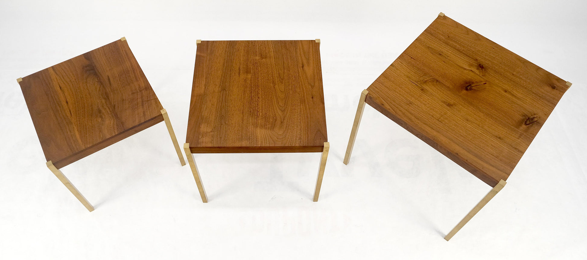 Set of 3 Walnut Nesting Tables on a Solid Brass Square Bar Leg MINT