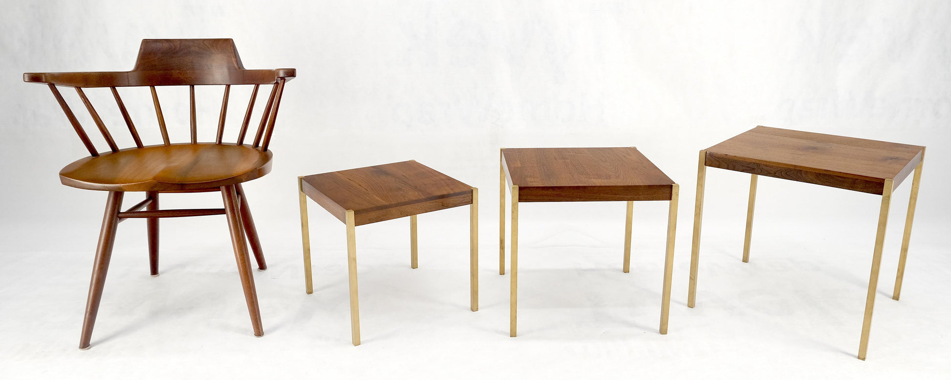 Set of 3 Walnut Nesting Tables on a Solid Brass Square Bar Leg MINT