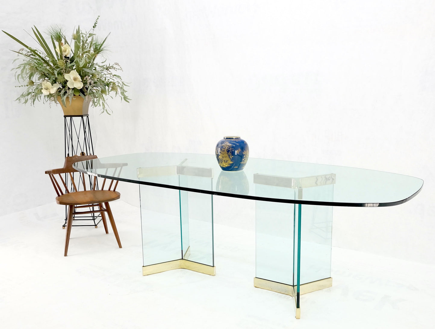 Pace Large 3/4" Glass Top Boat Shape Double Pedestal Dining Conference Table