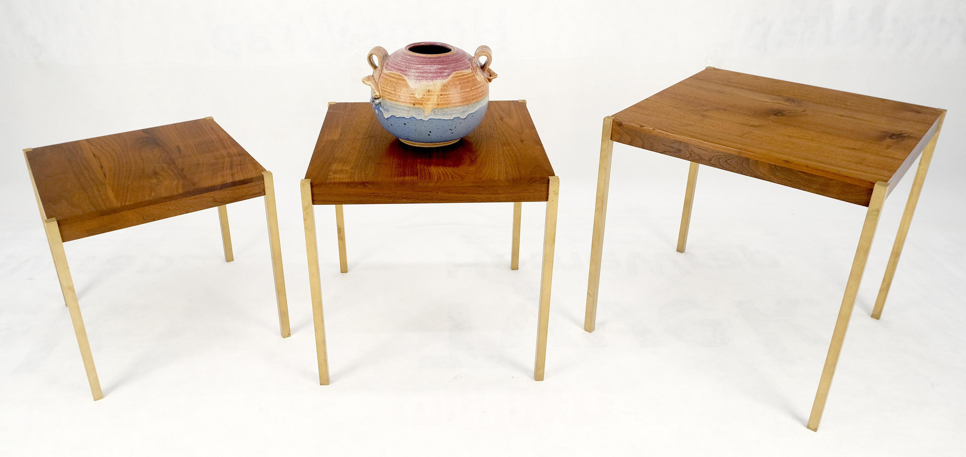 Set of 3 Walnut Nesting Tables on a Solid Brass Square Bar Leg MINT