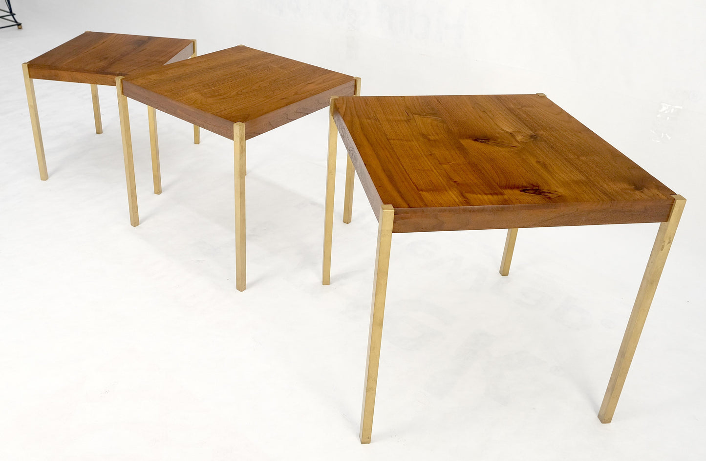 Set of 3 Walnut Nesting Tables on a Solid Brass Square Bar Leg MINT