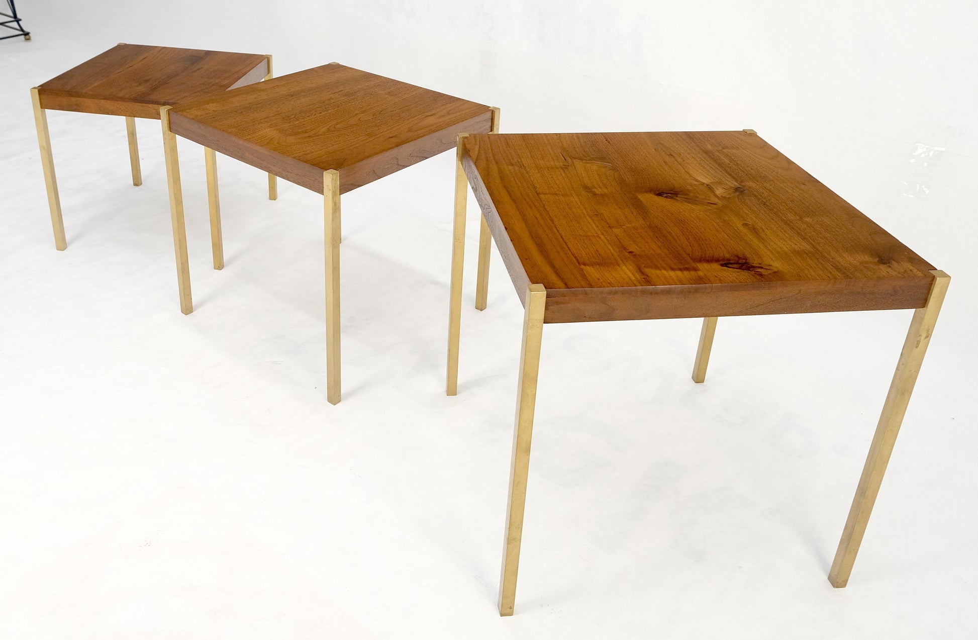 Set of 3 Walnut Nesting Tables on a Solid Brass Square Bar Leg MINT