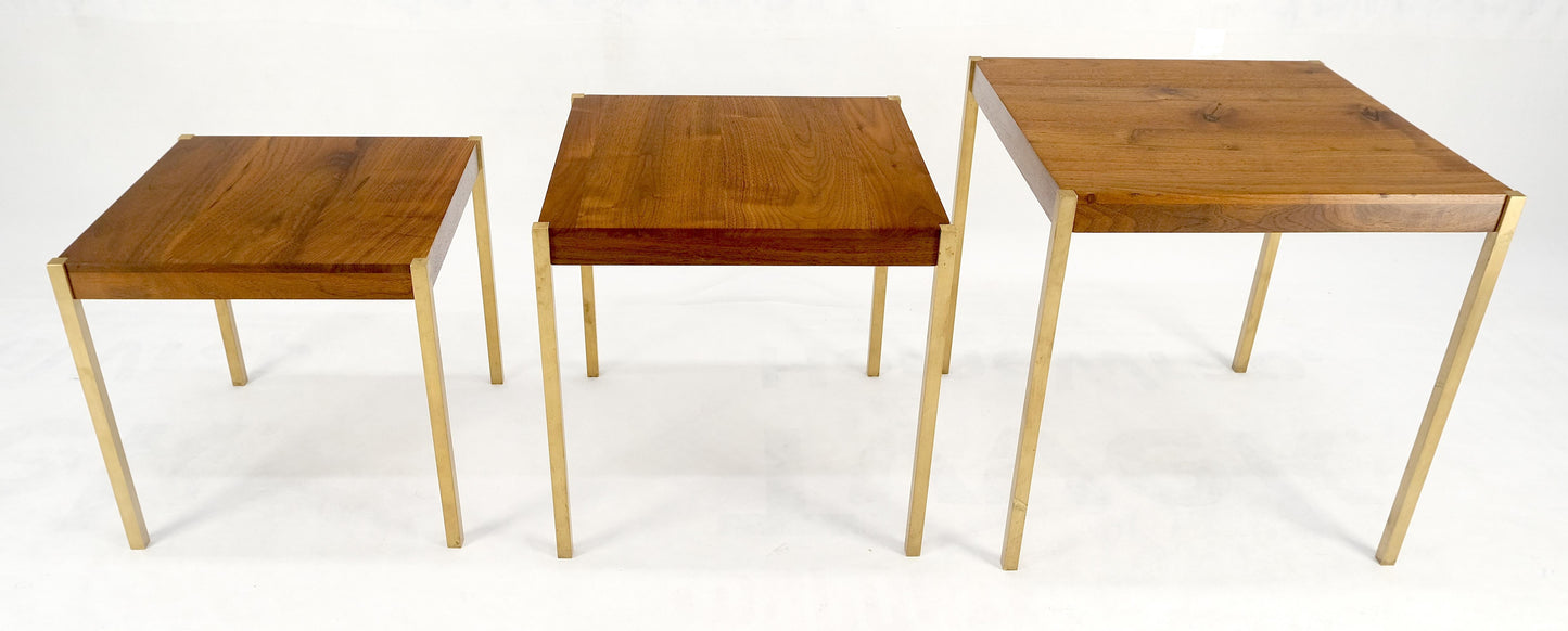 Set of 3 Walnut Nesting Tables on a Solid Brass Square Bar Leg MINT