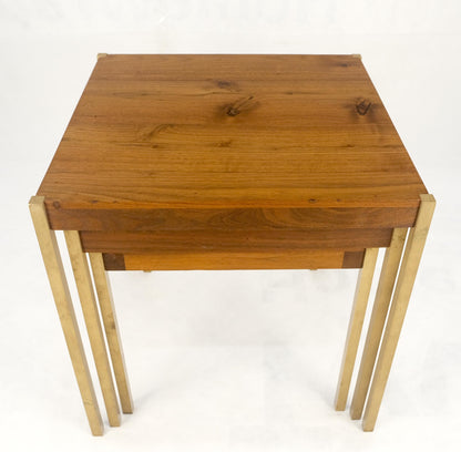 Set of 3 Walnut Nesting Tables on a Solid Brass Square Bar Leg MINT