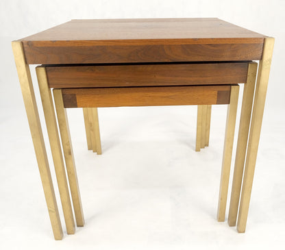 Set of 3 Walnut Nesting Tables on a Solid Brass Square Bar Leg MINT