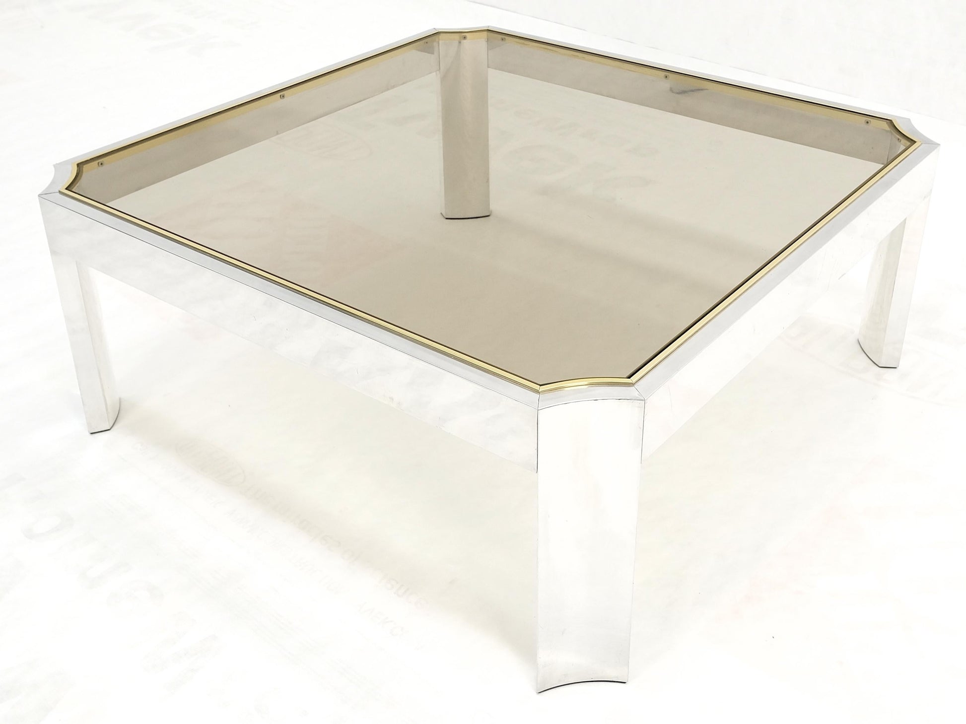 Polished Aluminum Brass Basel Smoked Glass Top 37" Square Coffee Table MINT!