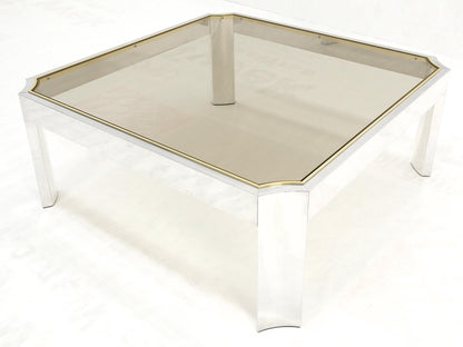 Polished Aluminum Brass Basel Smoked Glass Top 37" Square Coffee Table MINT!