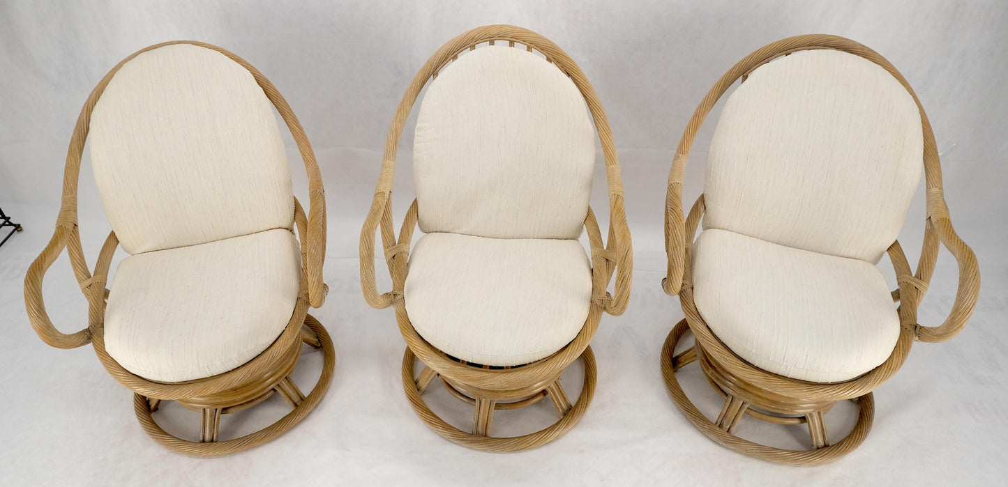 Set of Three Rocking Twisted Rattan Reed Oval Back Arm Lounge Chairs c1970s MINT