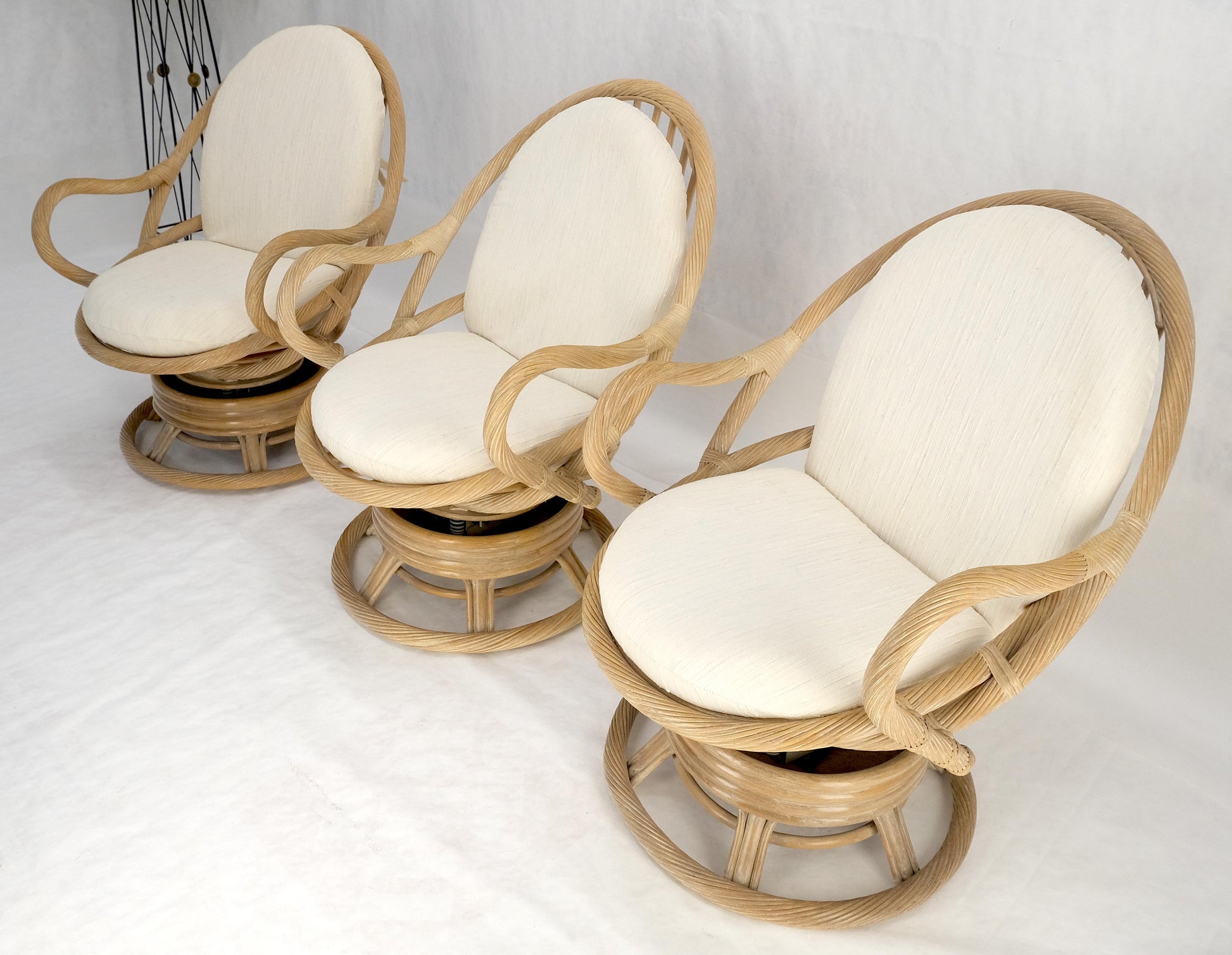 Set of Three Rocking Twisted Rattan Reed Oval Back Arm Lounge Chairs c1970s MINT