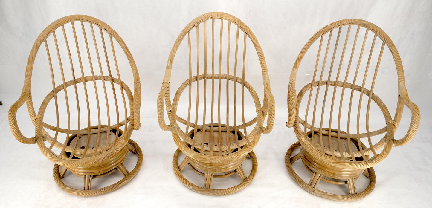 Set of Three Rocking Twisted Rattan Reed Oval Back Arm Lounge Chairs c1970s MINT