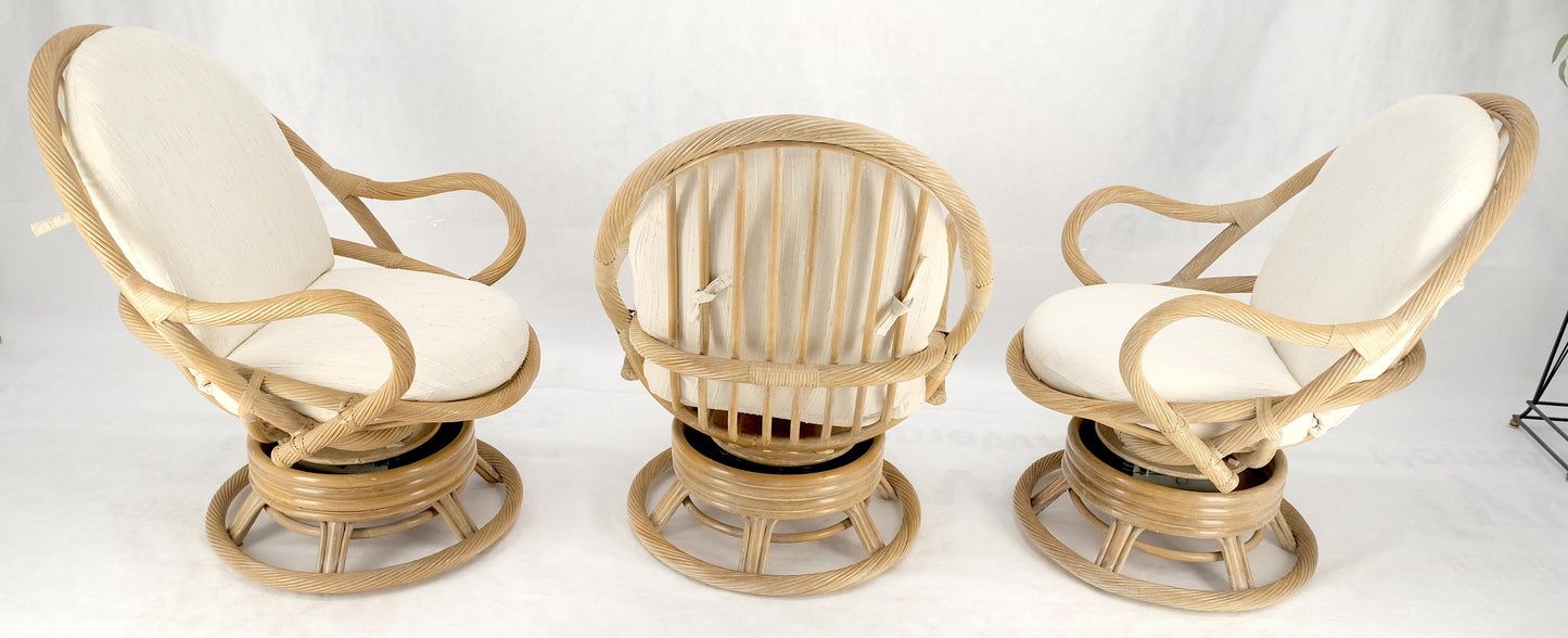 Set of Three Rocking Twisted Rattan Reed Oval Back Arm Lounge Chairs c1970s MINT