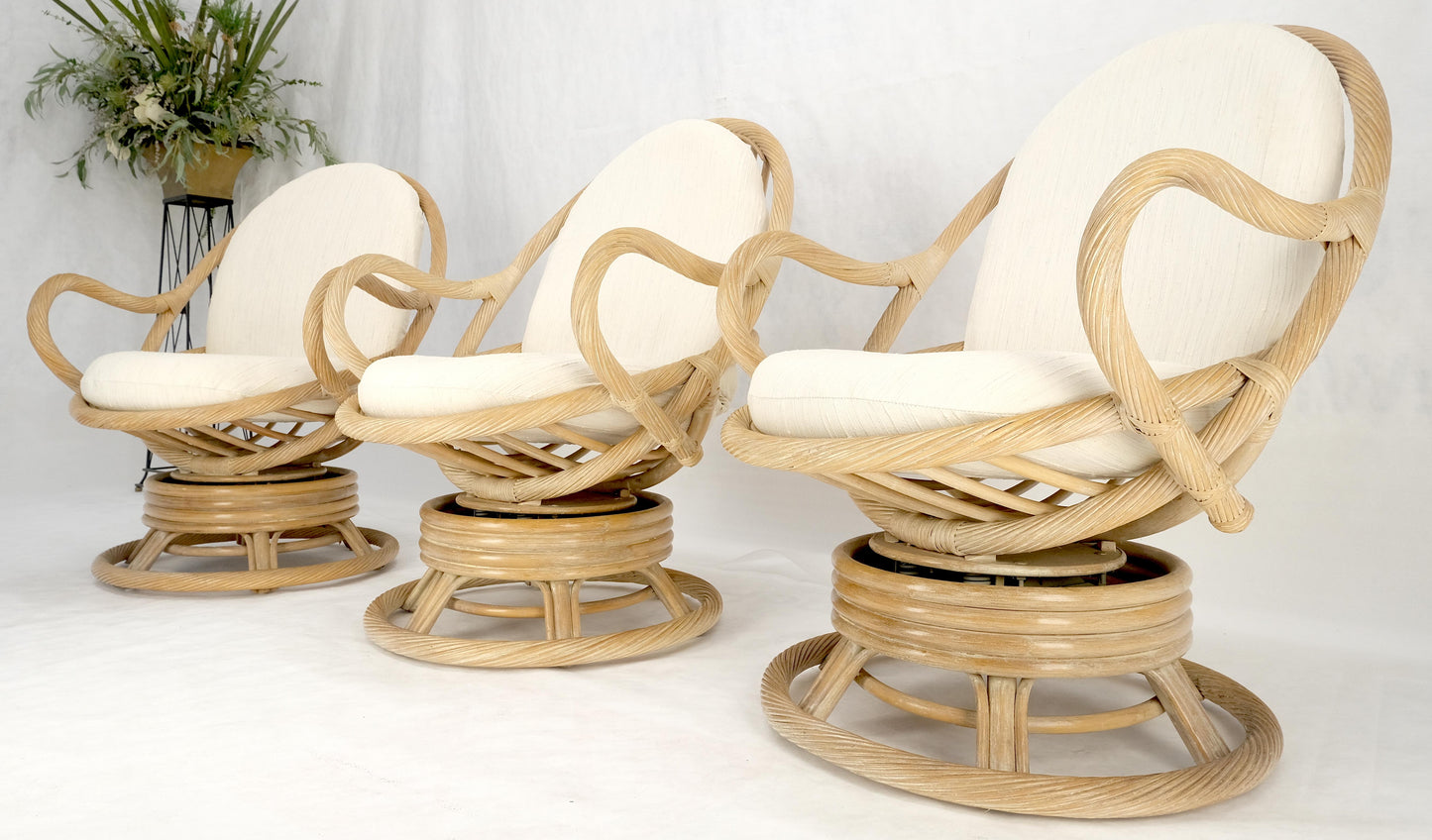 Set of Three Rocking Twisted Rattan Reed Oval Back Arm Lounge Chairs c1970s MINT