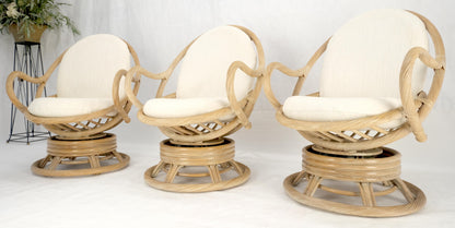 Set of Three Rocking Twisted Rattan Reed Oval Back Arm Lounge Chairs c1970s MINT