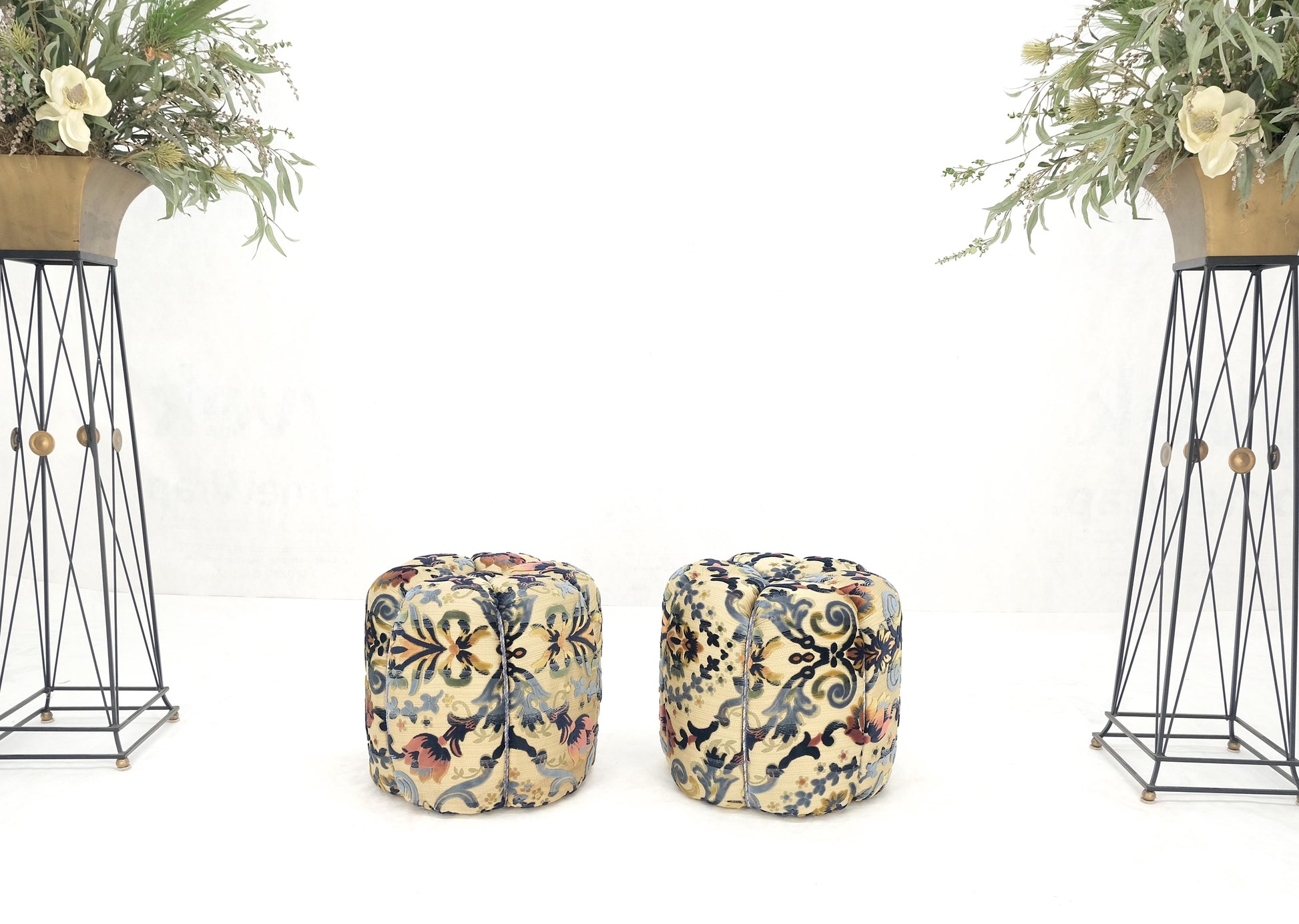 Pair of Floral Upholstery Custom Studio Made Ottomans Poufs Benches Stool MINT!