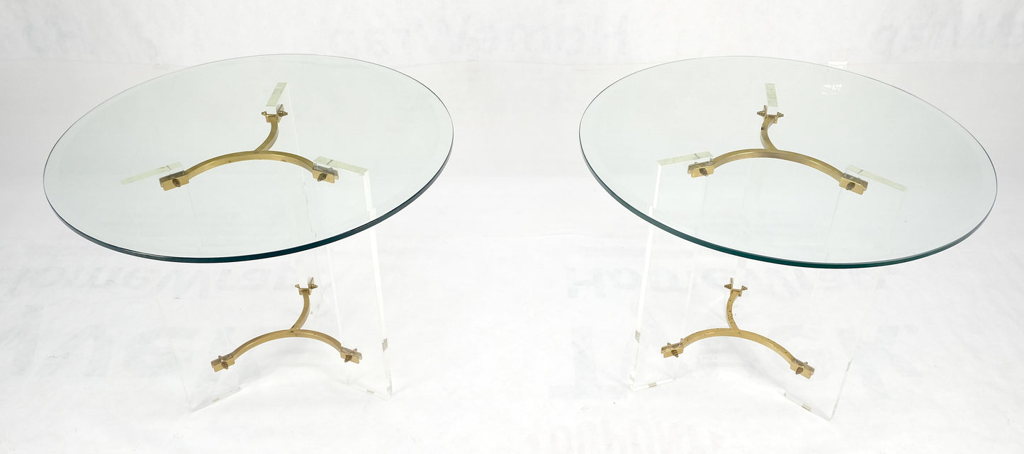 Pair of Glass Top Lucite & Brass Bases End Side Occasional Tables Stands MINT!