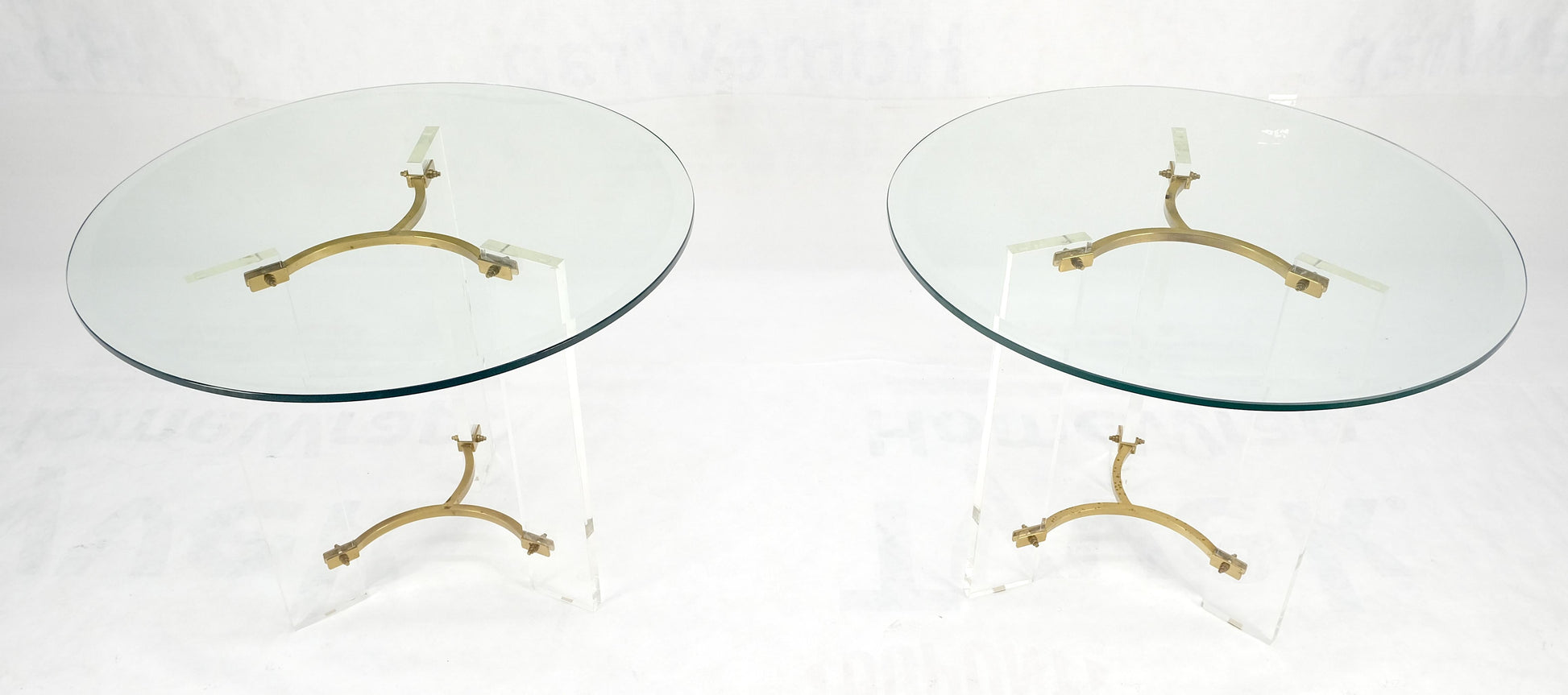 Pair of Glass Top Lucite & Brass Bases End Side Occasional Tables Stands MINT!