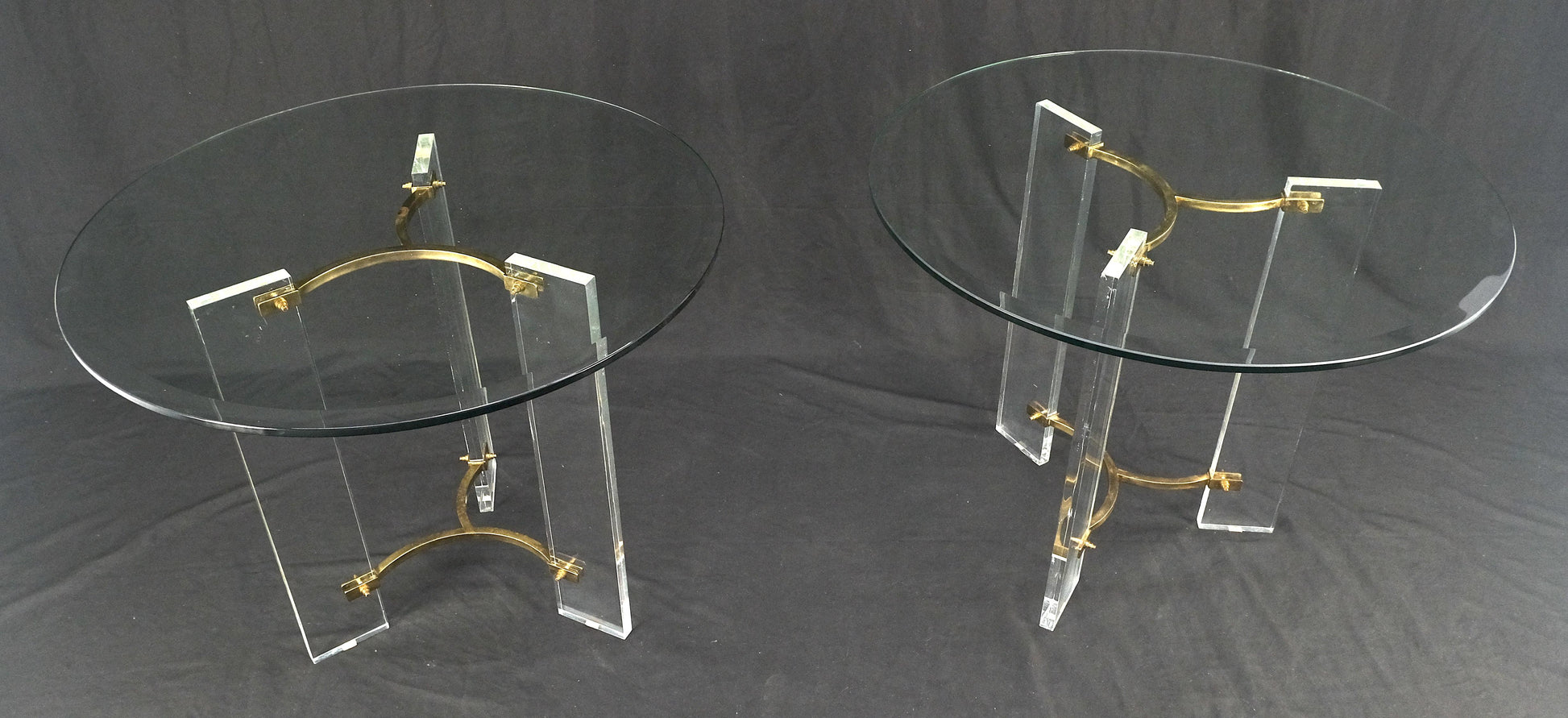 Pair of Glass Top Lucite & Brass Bases End Side Occasional Tables Stands MINT!