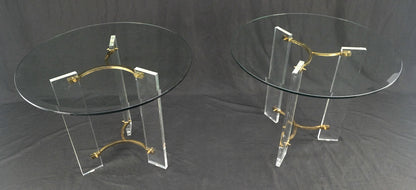 Pair of Glass Top Lucite & Brass Bases End Side Occasional Tables Stands MINT!