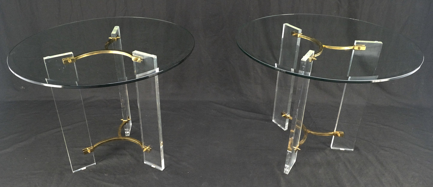 Pair of Glass Top Lucite & Brass Bases End Side Occasional Tables Stands MINT!