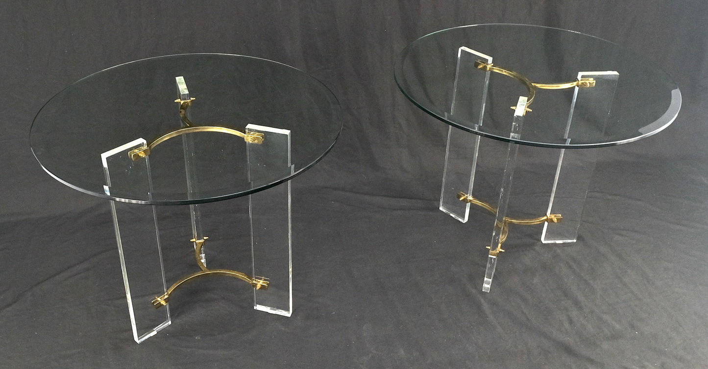 Pair of Glass Top Lucite & Brass Bases End Side Occasional Tables Stands MINT!