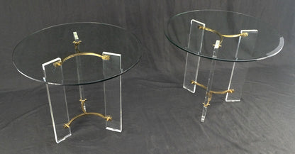 Pair of Glass Top Lucite & Brass Bases End Side Occasional Tables Stands MINT!