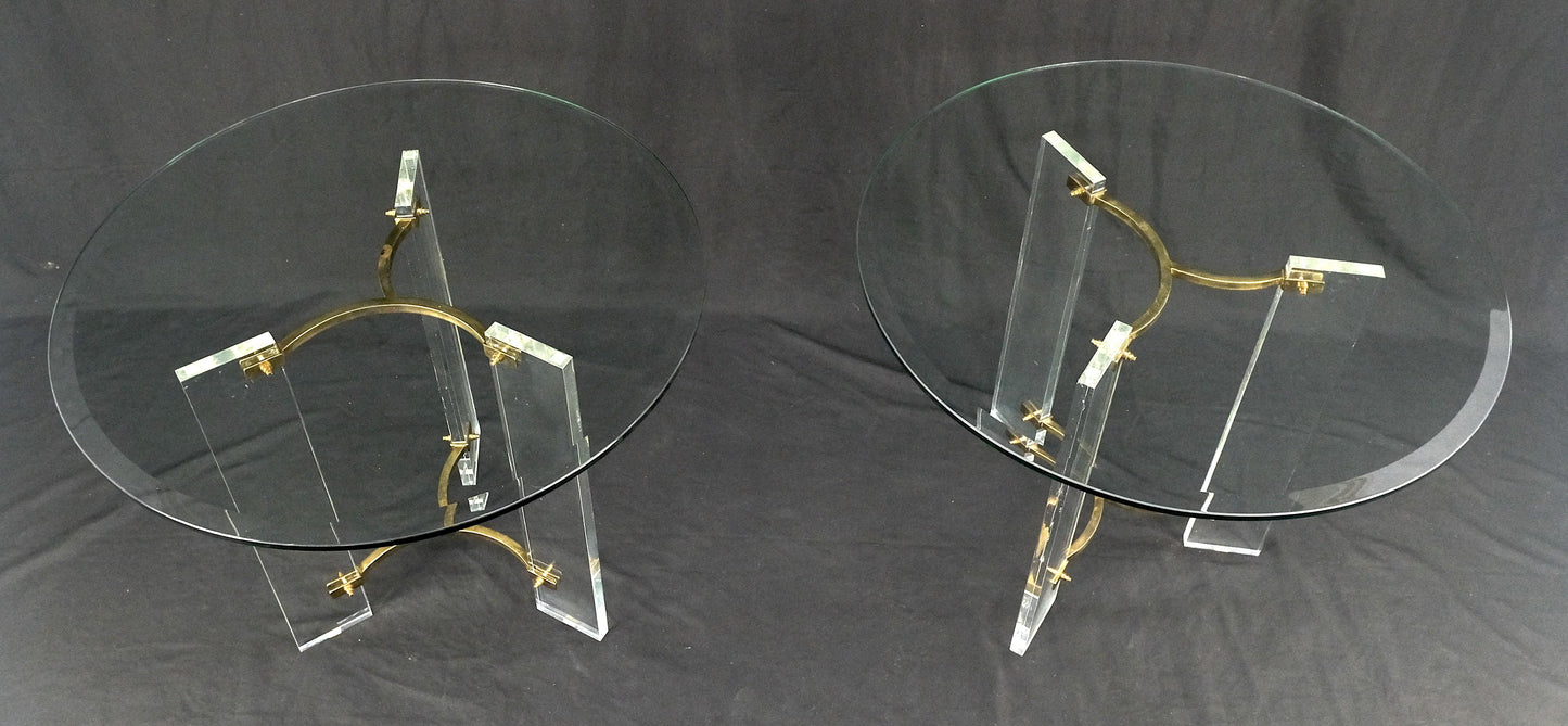 Pair of Glass Top Lucite & Brass Bases End Side Occasional Tables Stands MINT!