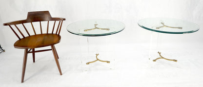 Pair of Glass Top Lucite & Brass Bases End Side Occasional Tables Stands MINT!