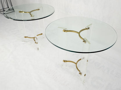 Pair of Glass Top Lucite & Brass Bases End Side Occasional Tables Stands MINT!