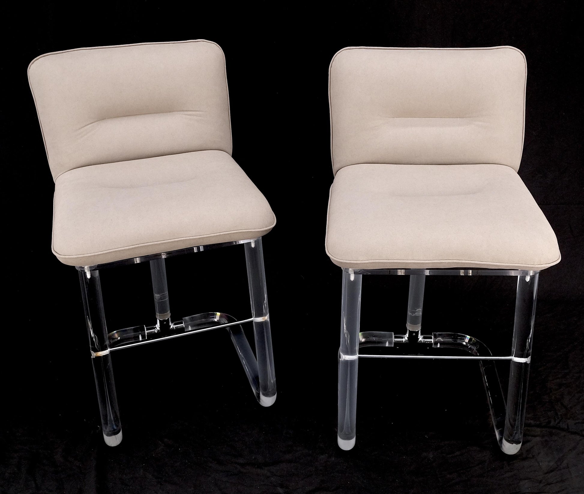 Pair Bent Lucite 1970s New Alcantera Upholstery Swivel Barstool Chairs Chairs