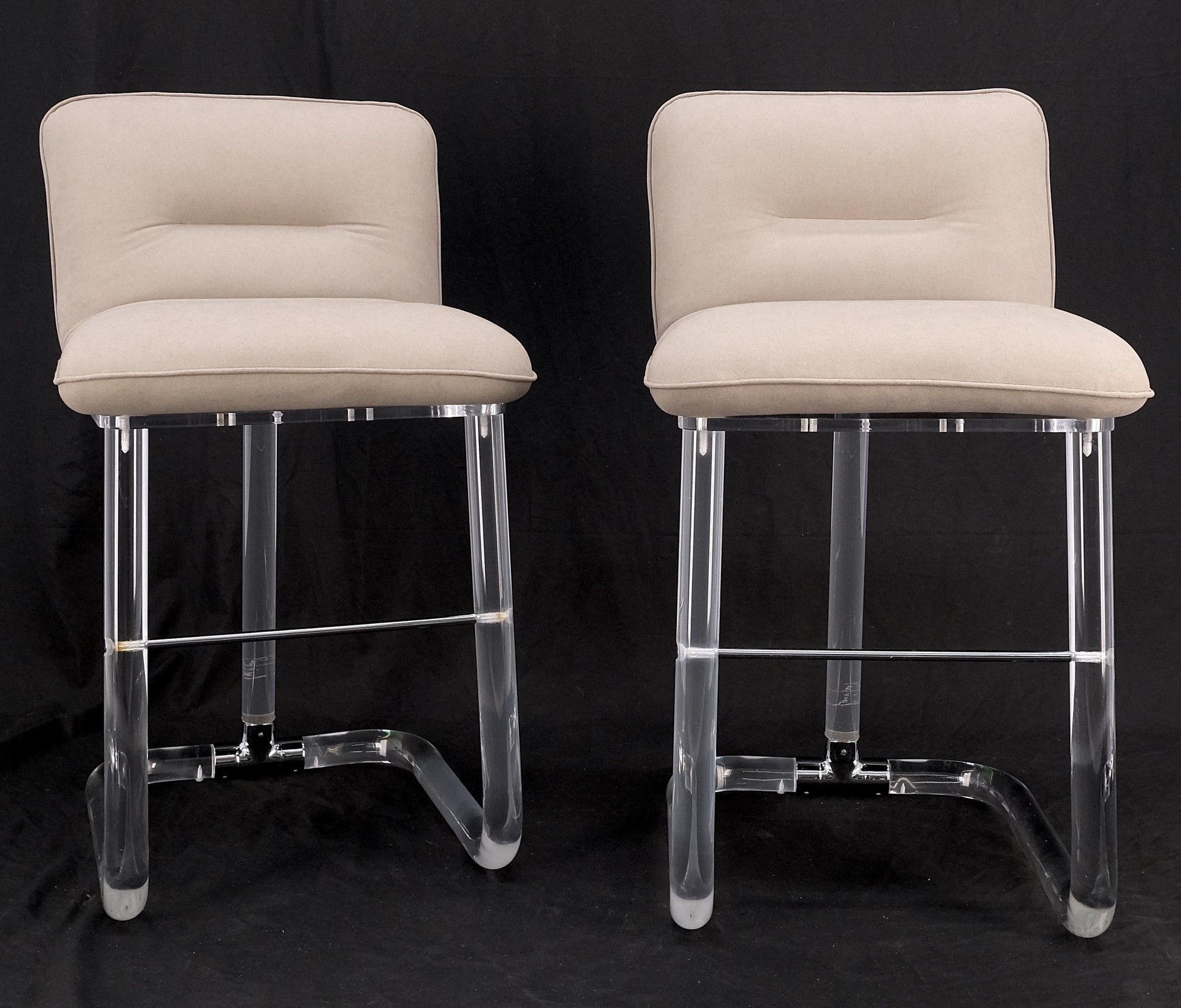 Pair Bent Lucite 1970s New Alcantera Upholstery Swivel Barstool Chairs Chairs