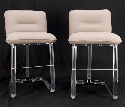 Pair Bent Lucite 1970s New Alcantera Upholstery Swivel Barstool Chairs Chairs