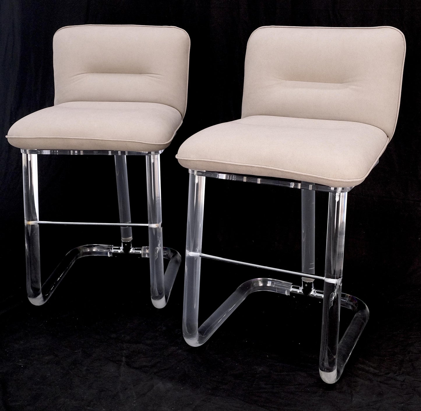 Pair Bent Lucite 1970s New Alcantera Upholstery Swivel Barstool Chairs Chairs