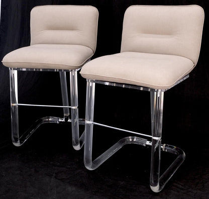 Pair Bent Lucite 1970s New Alcantera Upholstery Swivel Barstool Chairs Chairs