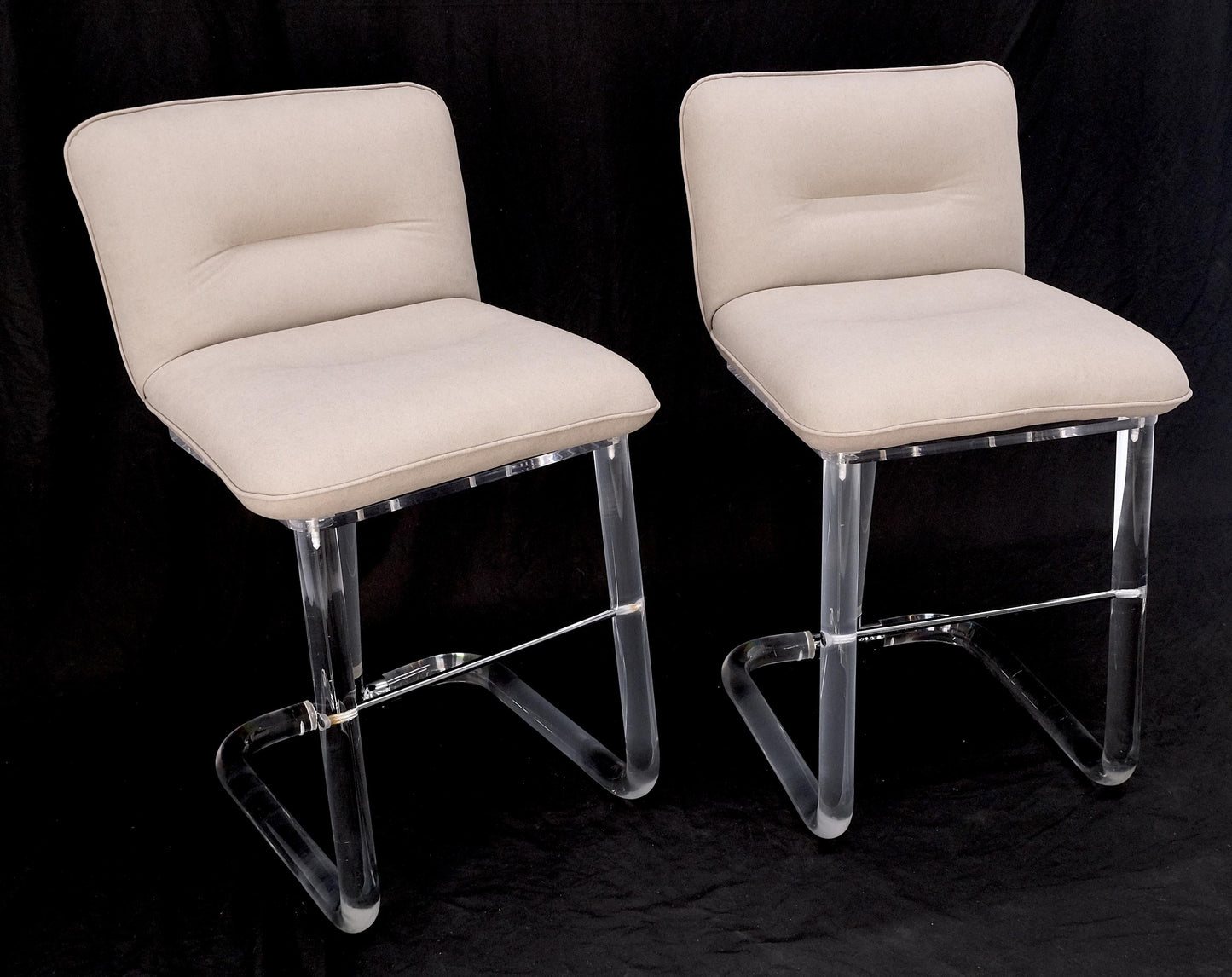 Pair Bent Lucite 1970s New Alcantera Upholstery Swivel Barstool Chairs Chairs