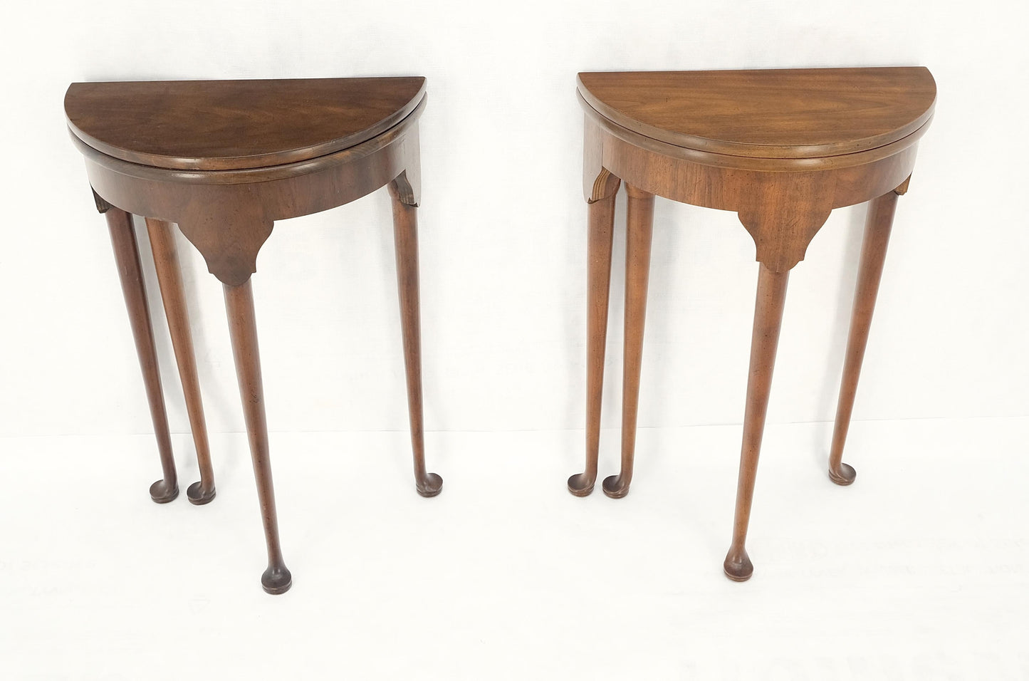 Pair Walnut Baker Demilune Flip Top Round End Side Console Occasional Table MINT