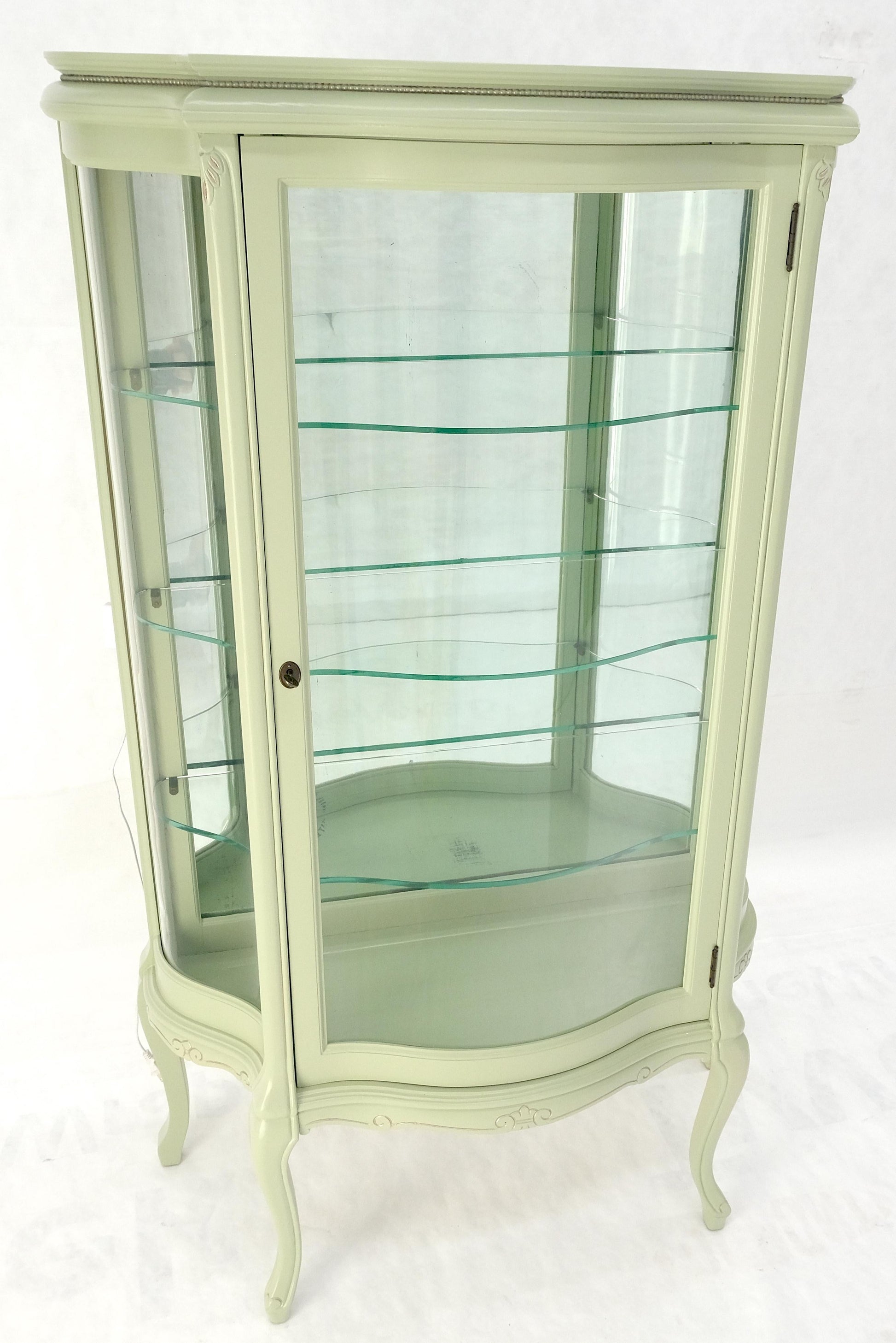 1920s Curved Glass Light Olive Tone Lacquer Finish Curio Display Cabinet MINT!