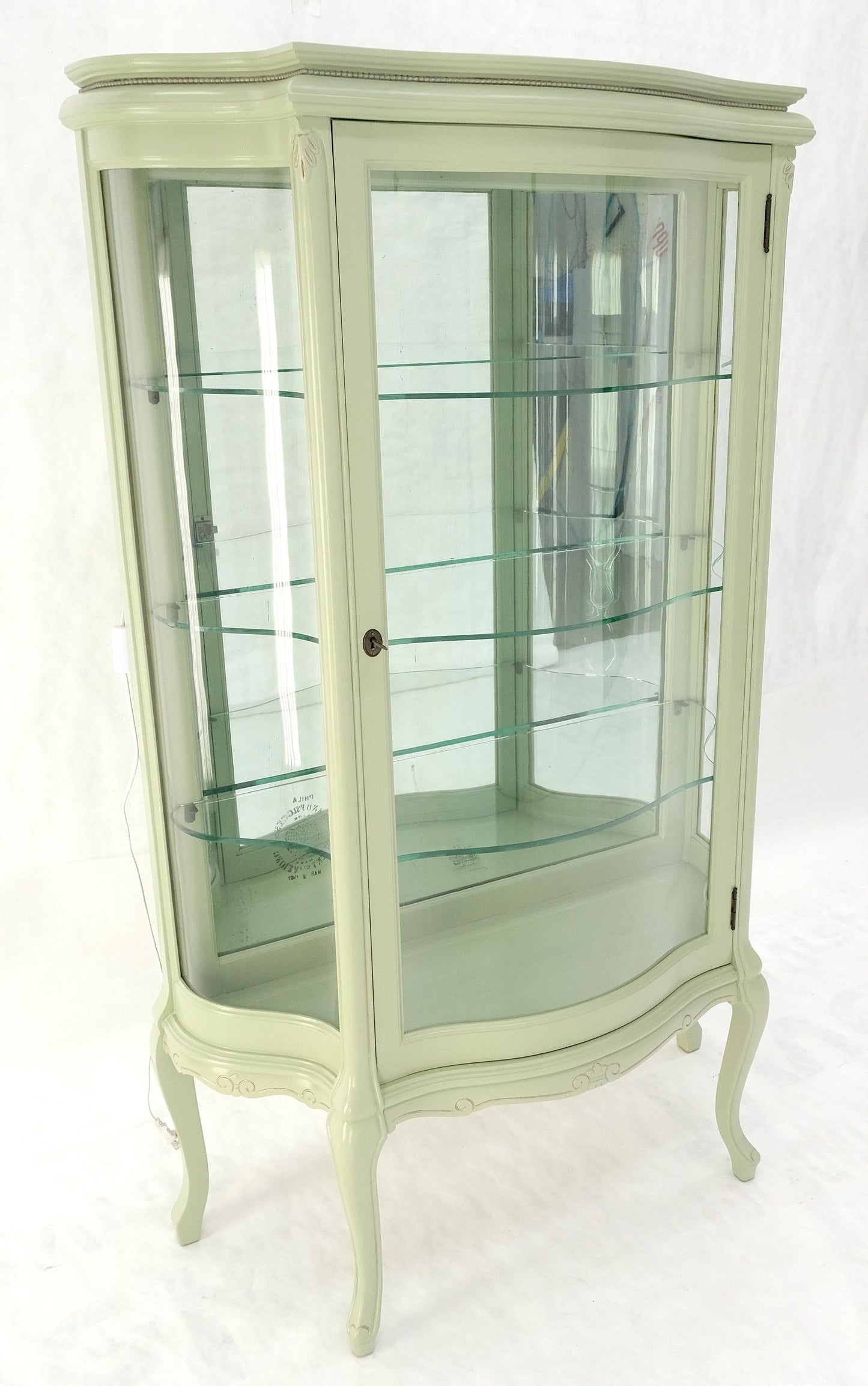 1920s Curved Glass Light Olive Tone Lacquer Finish Curio Display Cabinet MINT!