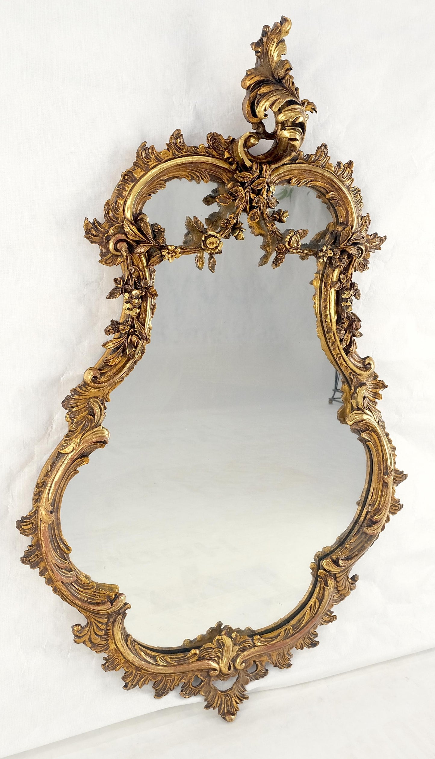 Antique c1900s Fine Gilt Gesso Rococo Style Tear Drop Shape Wall Mirror