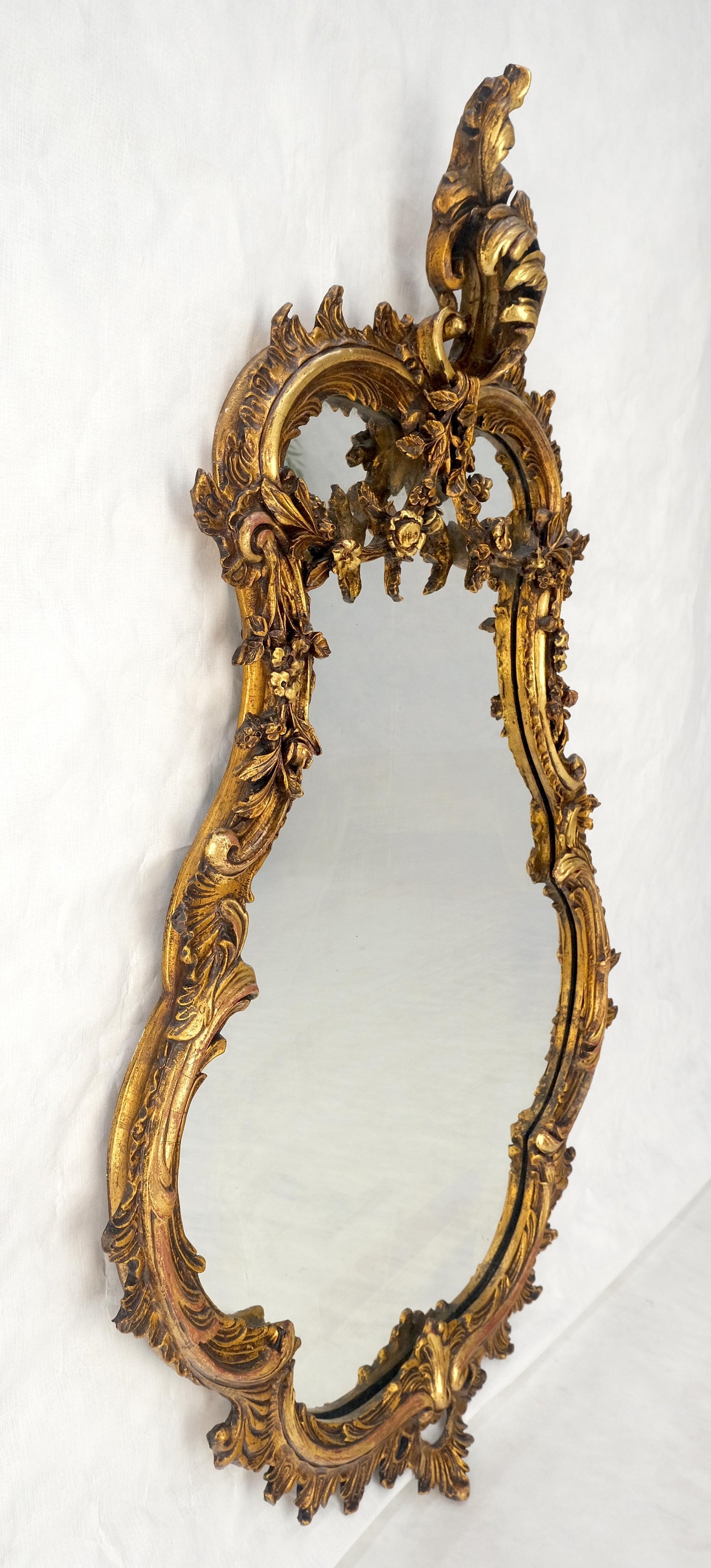 Antique c1900s Fine Gilt Gesso Rococo Style Tear Drop Shape Wall Mirror