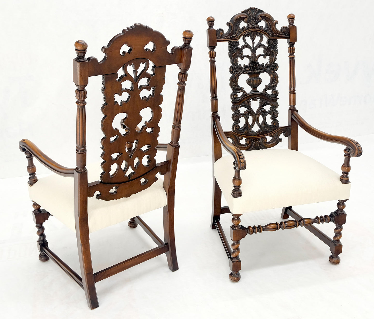 Pair of Carved Walnut Tall Backs New Upholstery Fireside Arm Side Chairs MINT!