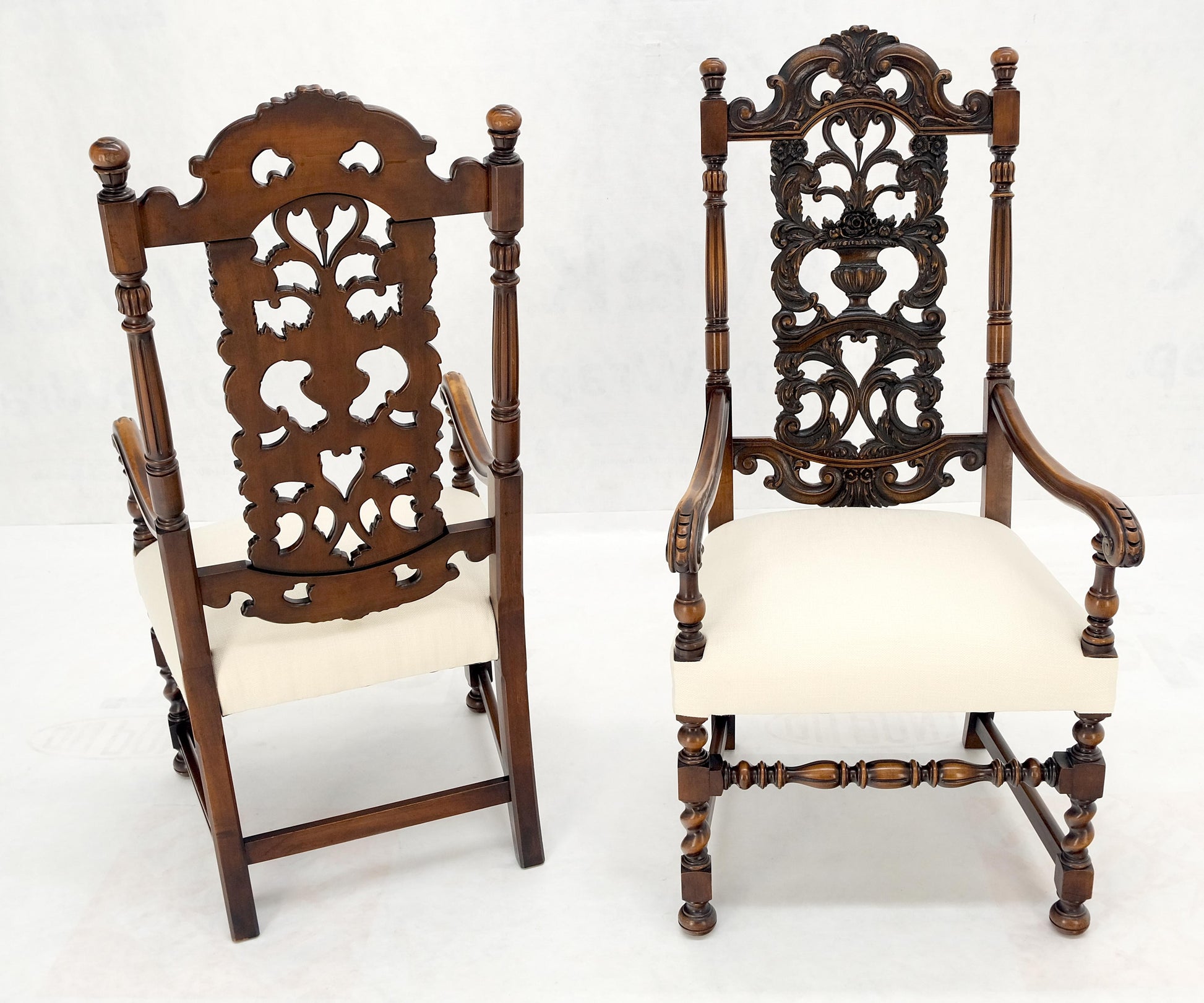 Pair of Carved Walnut Tall Backs New Upholstery Fireside Arm Side Chairs MINT!