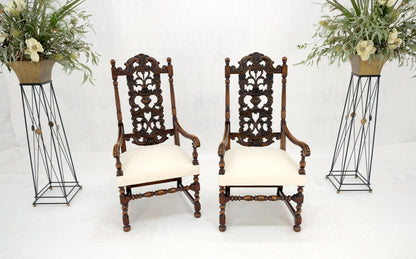 Pair of Carved Walnut Tall Backs New Upholstery Fireside Arm Side Chairs MINT!